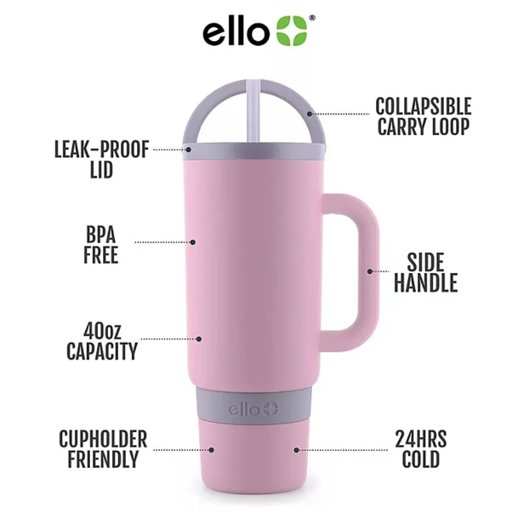Ello - Port Stainless Steel Tumbler with Handle, Thistle and Cornflower - 40 Oz - 2 Pack - Image 3