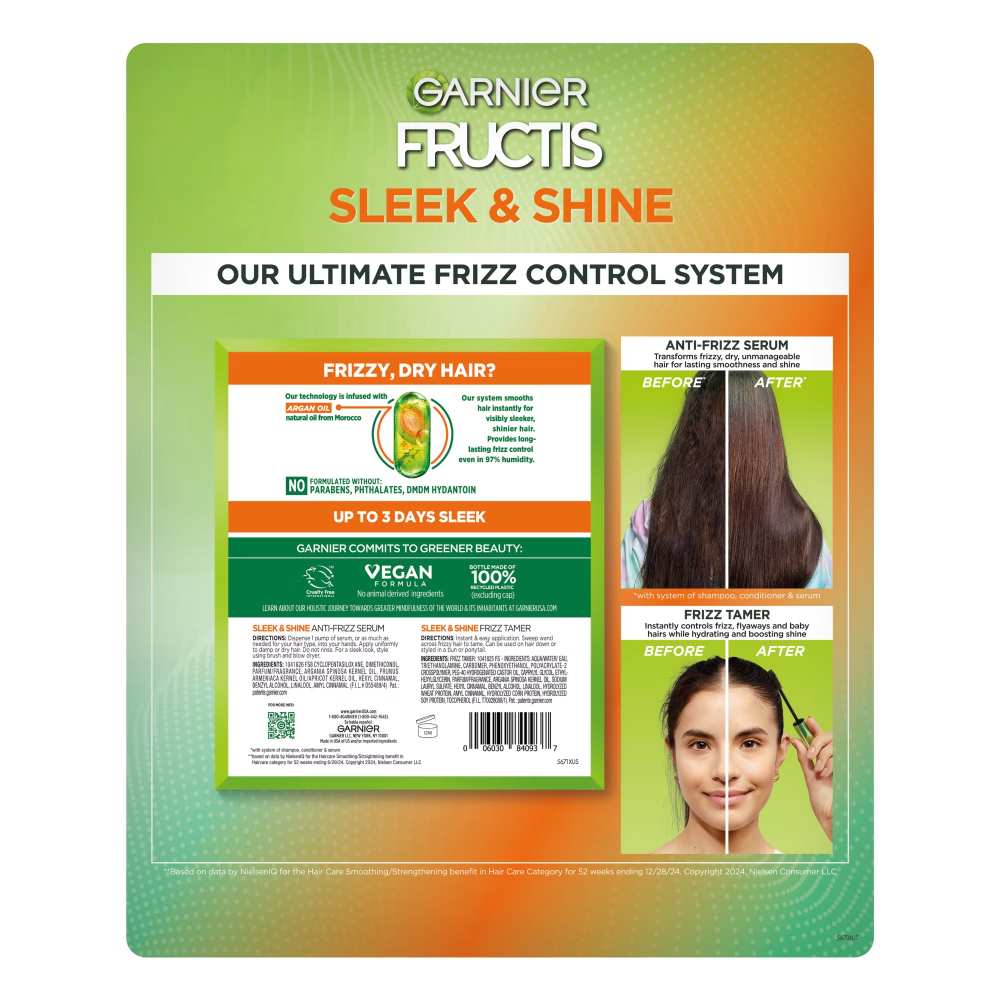 Garnier Fructis - Sleek & Shine Kit, Anti-Frizz Serum, 2 Pack/5.1 fl oz + Frizz Tamer 0.28 fl oz - Image 2