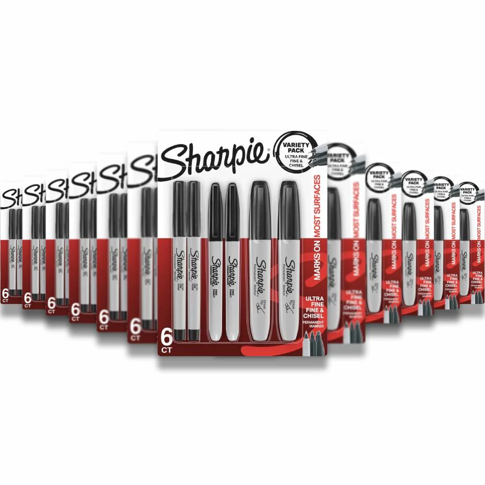 Sharpie - Permanent Markers Ultra Fine/Fine/Chisel Tip Black - 6 Count - 24 Pack