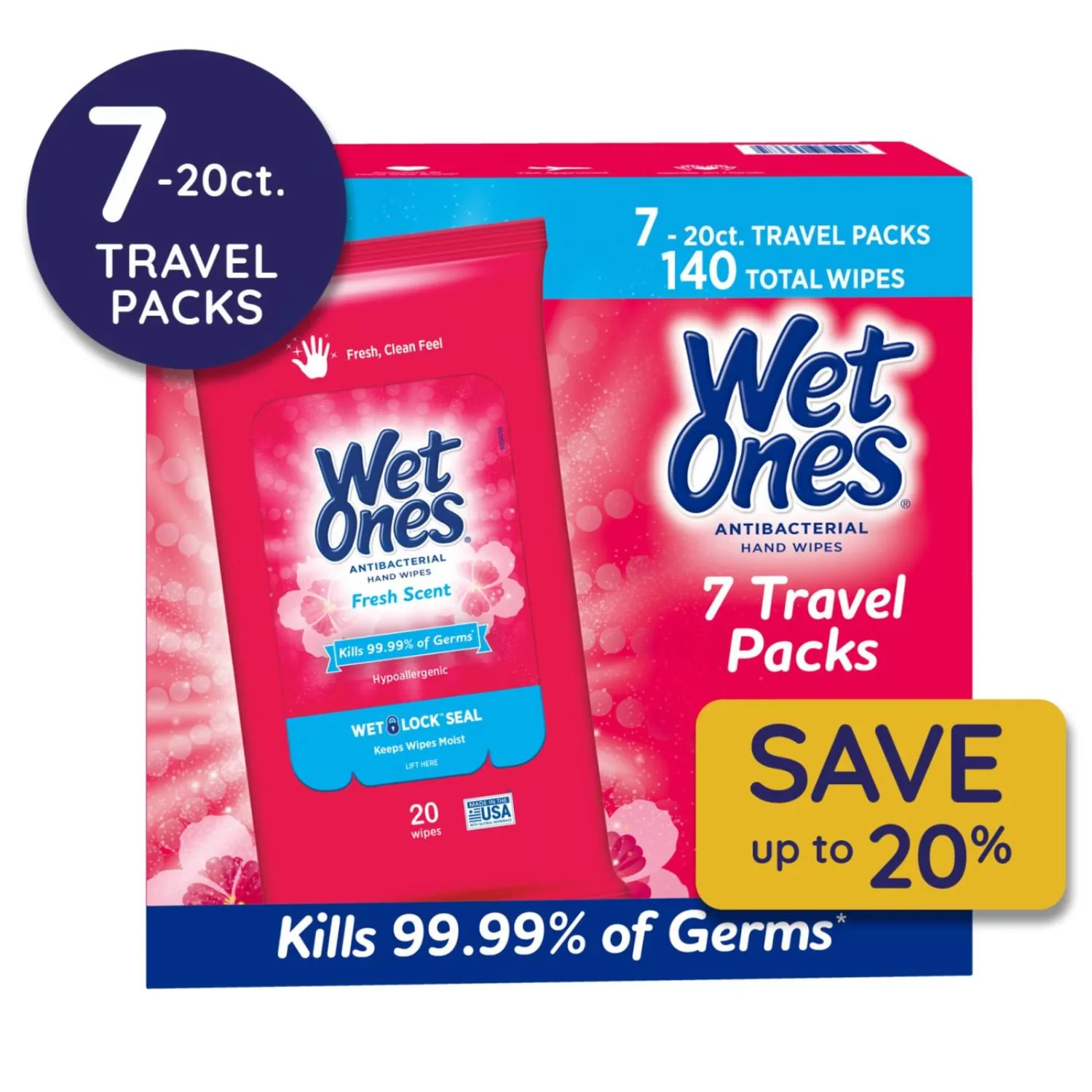 Wet Ones - Antibacterial Hand Wipes Travel Pack, Fresh Scent - 20 Ct - 7 Pack - Image 4