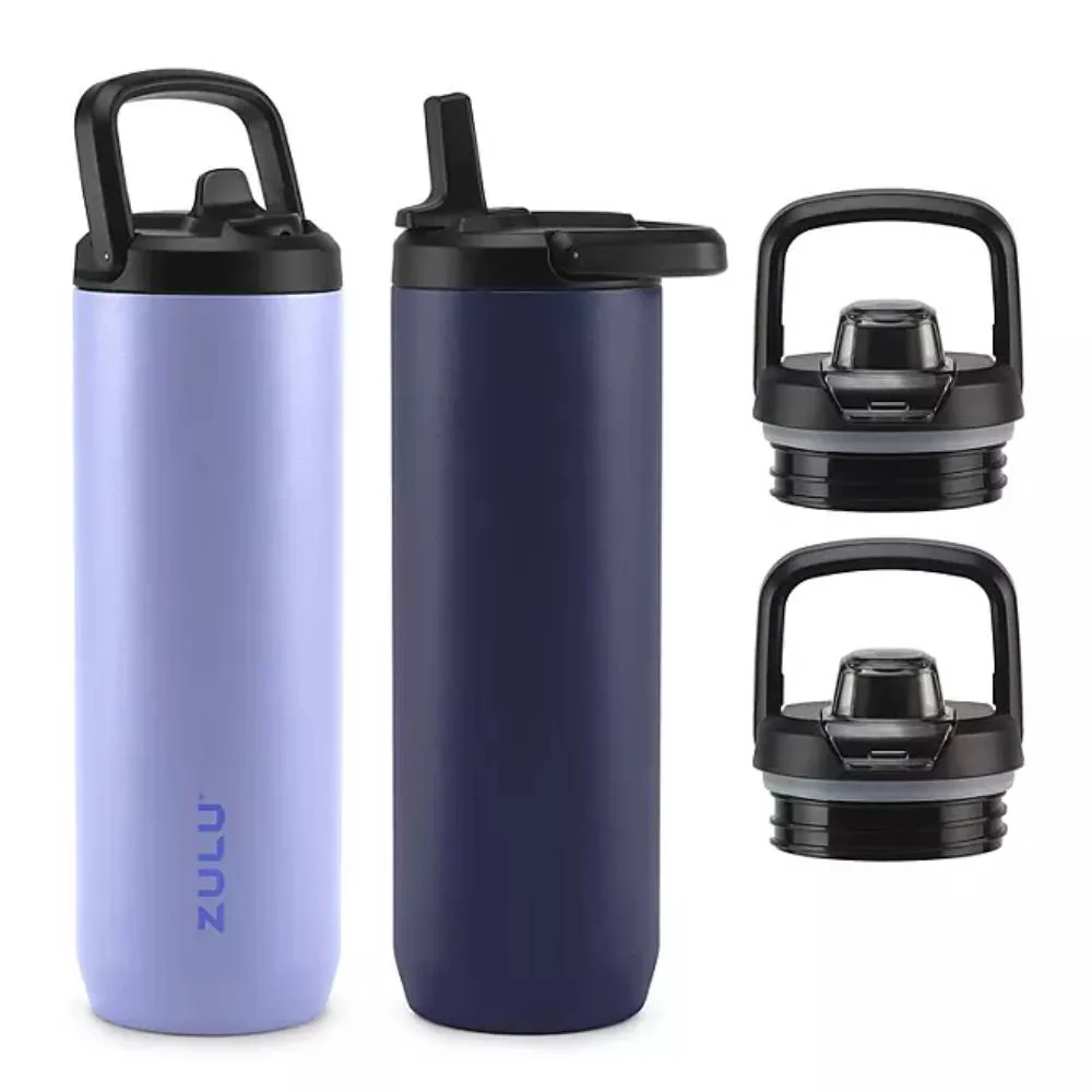 Zulu Base Stainless Steel Water Bottle , Includes 2 Extra Lids, Color Cornflower/Midnight - 24 Oz Each - 2 Pack